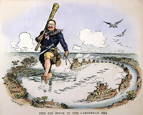 Cartoon of Teddy dominating the Caribbean with US warships and big club
